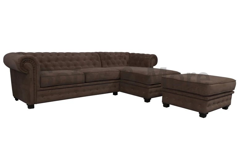 Chesterfield Style Corner Sofa Set 3+2 Seater Armchair Brown Fabric (Right Hand Corner With Footstool)