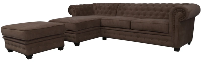 Chesterfield Style Corner Sofa Set 3+2 Seater Armchair Brown Fabric (Left Hand Corner With Footstool)