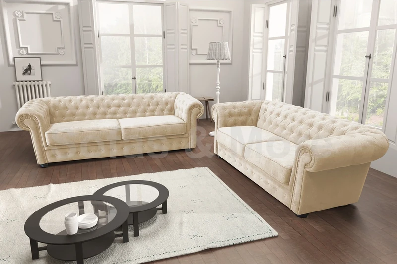 Sofas and More Chesterfield Style Corner Sofa Set 3+2 Seater Armchair Cream Fabric (3+2 Seater)