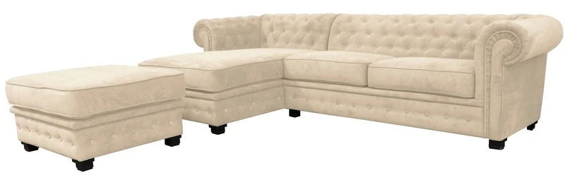 Chesterfield Style Corner Sofa Set 3+2 Seater Armchair Cream Fabric (Left Hand Corner With Footstool)