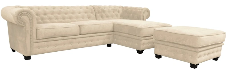 Chesterfield Style Corner Sofa Set 3+2 Seater Armchair Cream Fabric (Right Hand Corner With Footstool)