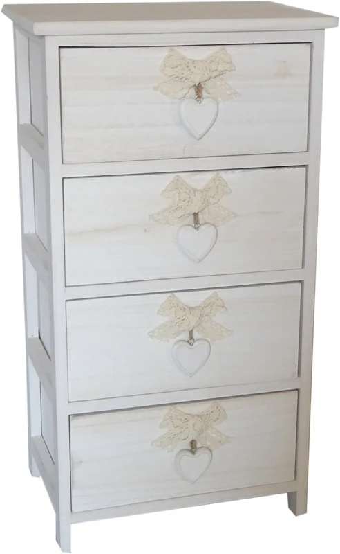 King Home C656114 Chest of Drawers 4 Drawers with Heart Washed Paulownia Wood, White, 40X29X73H