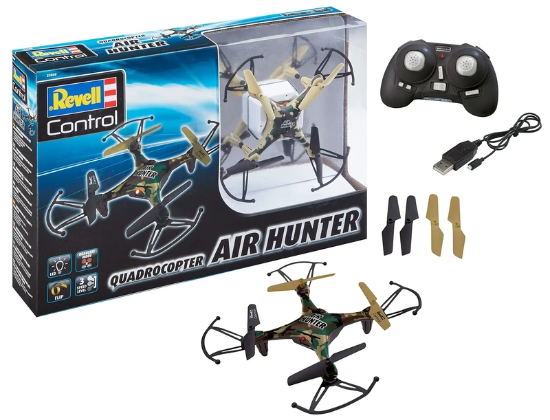 Revell Control 23860 Remote Control Quadcopter "Air Hunter" With Precise 2.4GHz Control, 3 Speeds, Flip Mode, Headless Mode, LED lights, Easy To Fly, 16cm in length