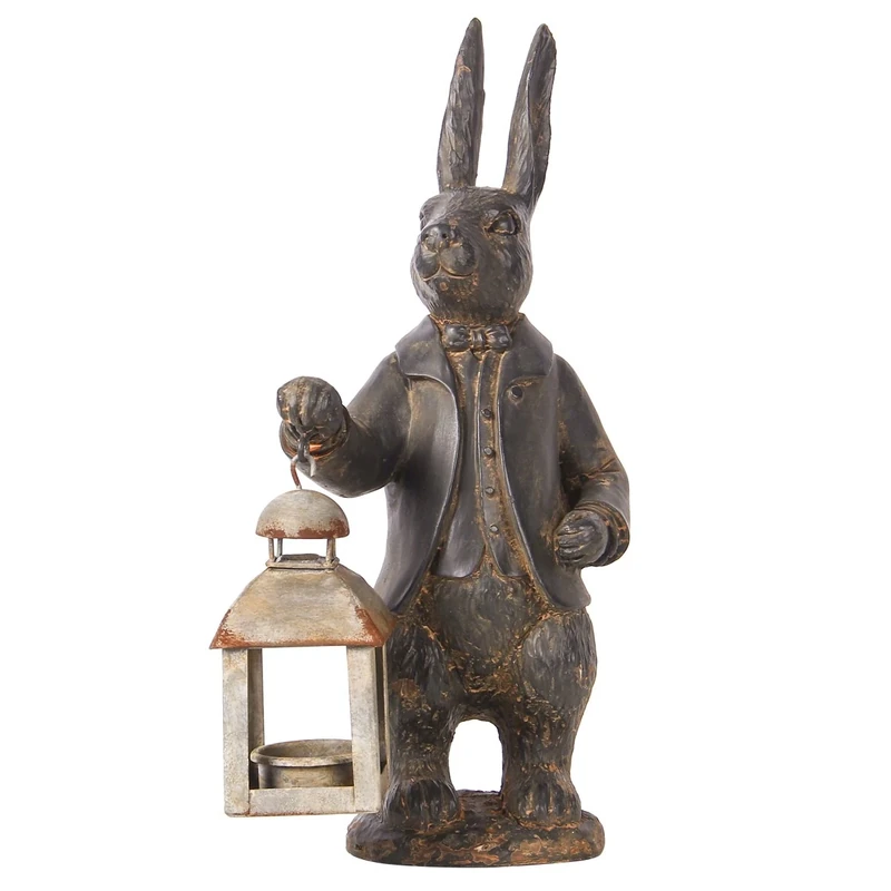 NIKKY HOME Easter Bunny Decorations - Vintage Metal Tealight Candle Lantern Holder Rabbit Resin Sculpture Bunny Figurine