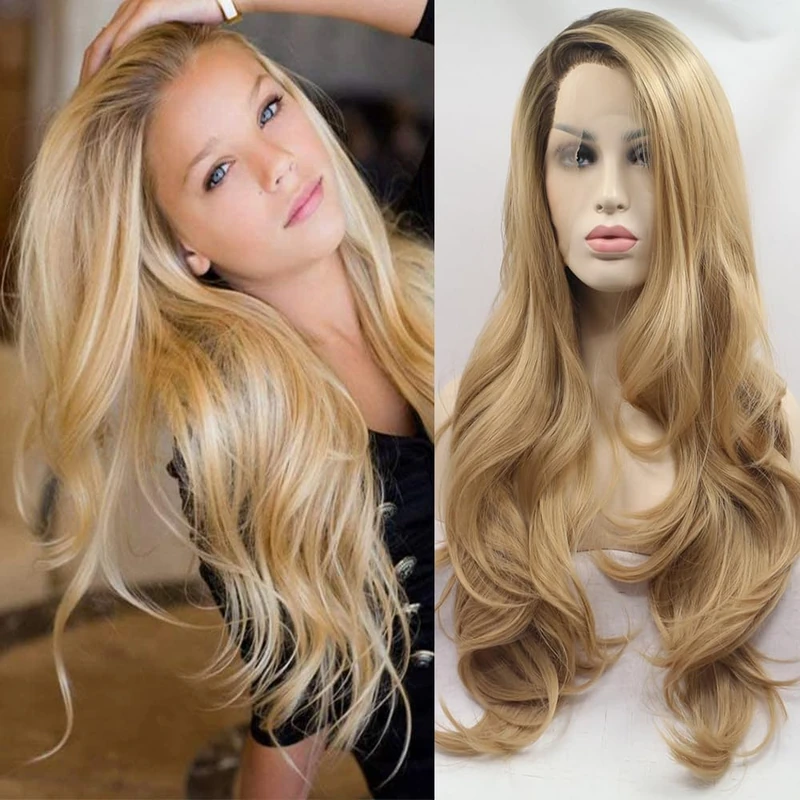 xiweiya Long Natural Wave Ombre Brown Blonde Synthetic Lace Front Wigs with Brown Roots 2 Tones Side Part Wig Heat Resistant Fiber Hair Wigs For Women Replacement Everyday Wigs 24" - Image 1
