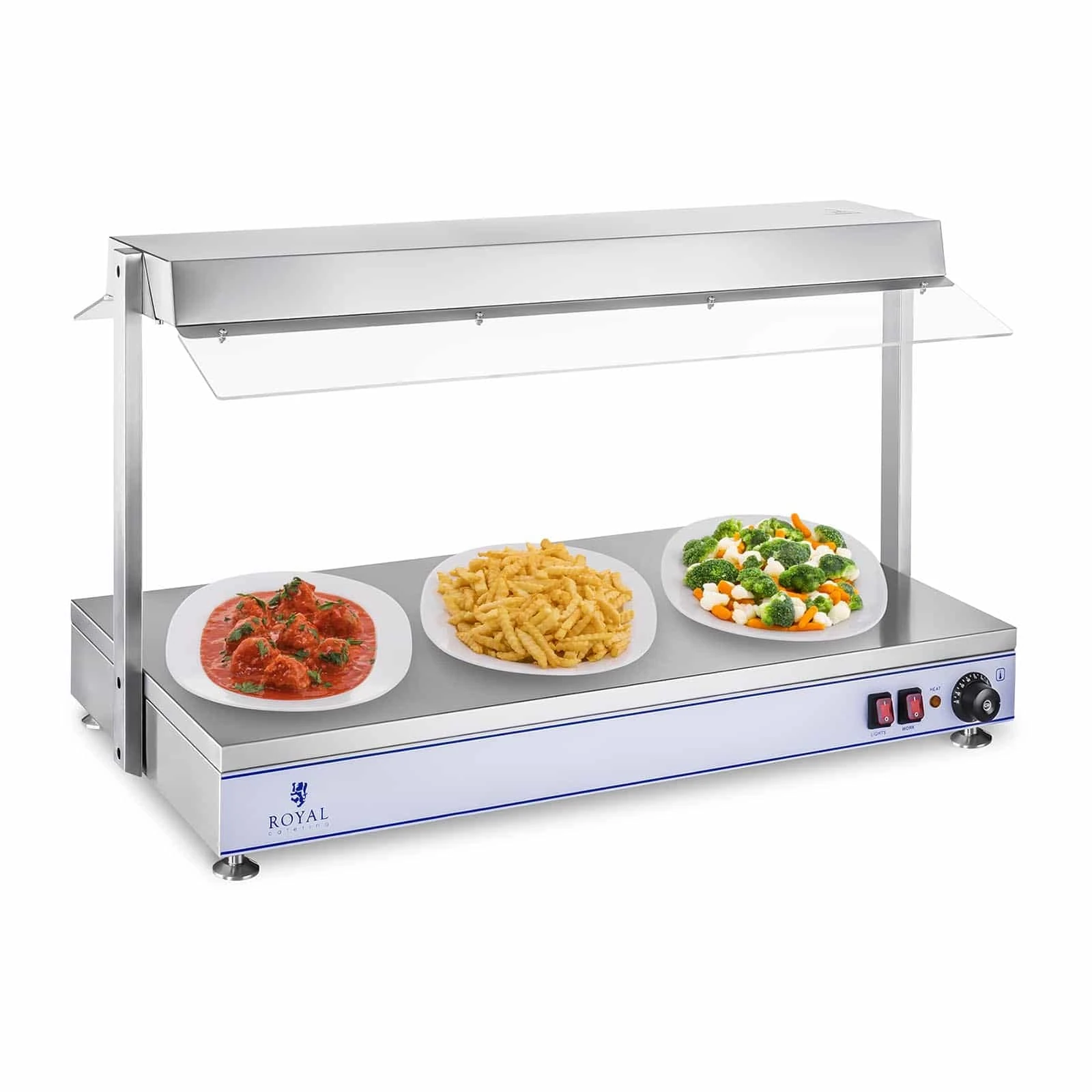 Royal Catering Electric Hot Plate Food Warmer Buffet Warmer Plexiglass Cover 1550W 3 Halogen Lamps 100x50cm RCHP-100H (230V, 3x300W Halogen Lamps, Heating Surface 100x50cm, 30-110°C)