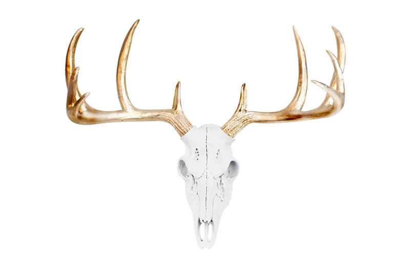 Wall Charmers Large White + Gold Antler Faux Deer Skull - 21" White Faux Taxidermy Animal Head Wall Decor - Handmade Farmhouse Decor
