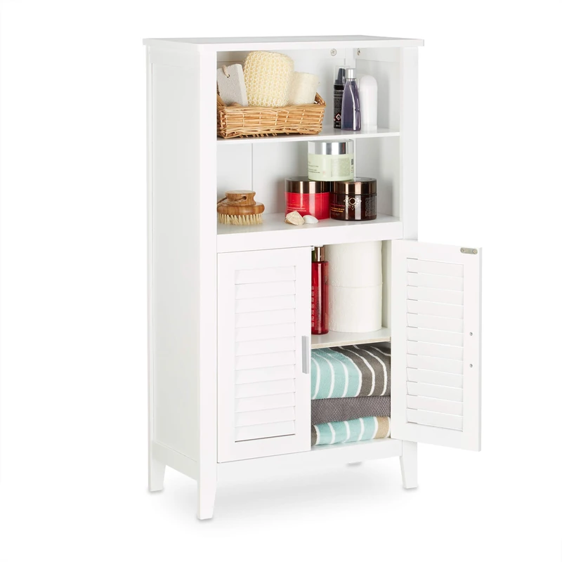Relaxdays LAMELL White Bathroom Cabinet, Bamboo Floor Cupboard, Telephone Cabinet, Kitchen Storage Unit, HxWxD: 92 x 50 x 25.5 cm