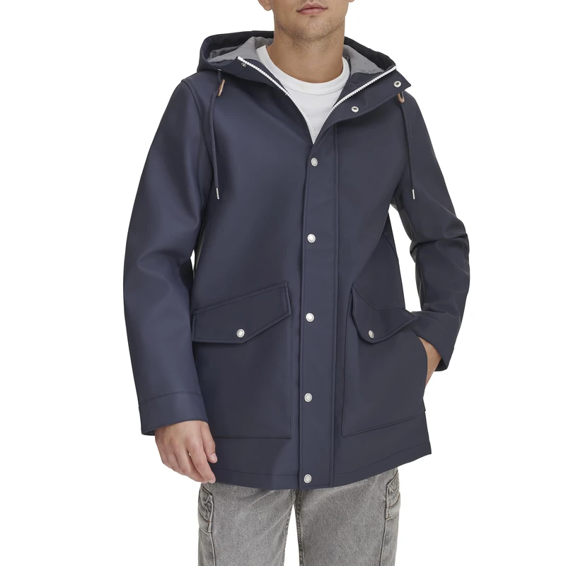 Levi's Men's Rubberized Rain Parka Jacket Faux Leather, Navy, Medium