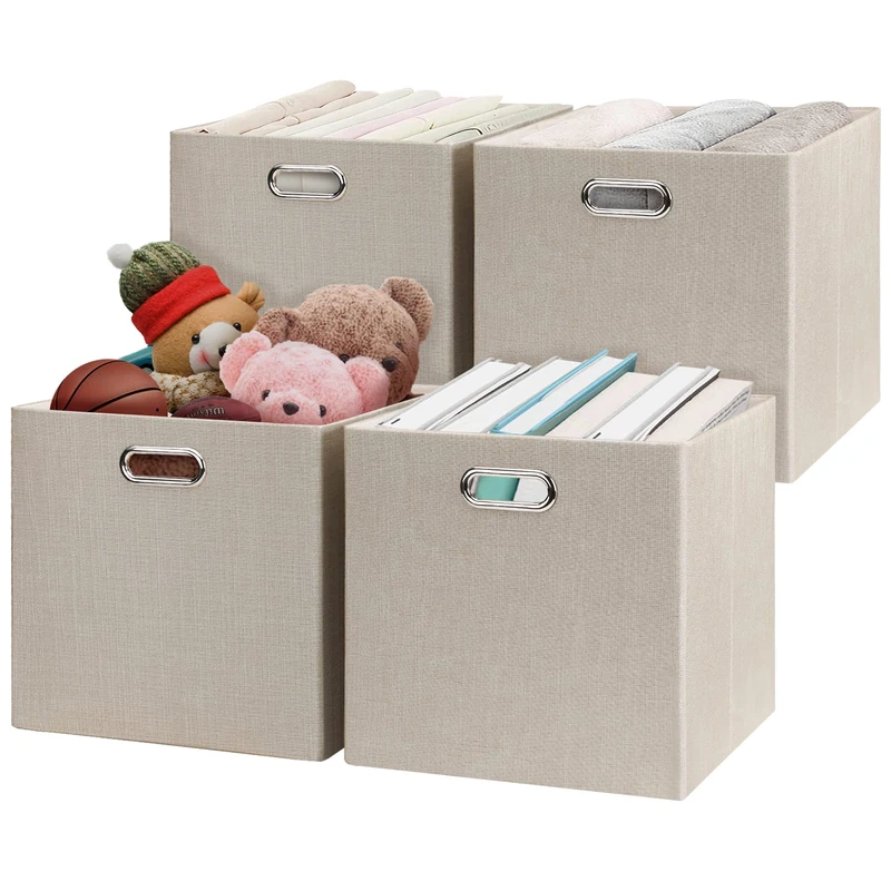 Posprica Collapsible Storage Cubes,11×11×11 Fabric Storage Bins Containers Drawers,4pcs, Beige