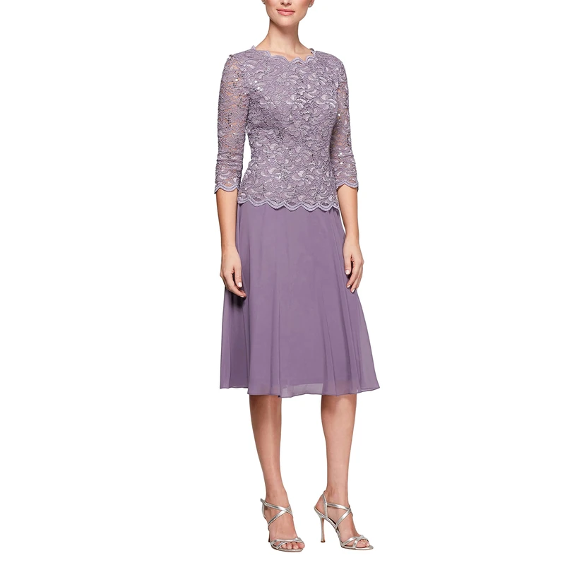 Alex Evenings Women's Tea Length Embroidered Bodice, Mother of The Bride Dress, Wedding Guest, (Petite and Regular Sizes) Special Occasion, ICY Orchid, 20