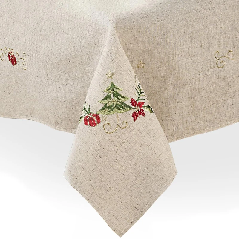 SARO LIFESTYLE Embroidered Christmas Tree Design Linen Blend Tablecloth, Natural, 67" x 120"