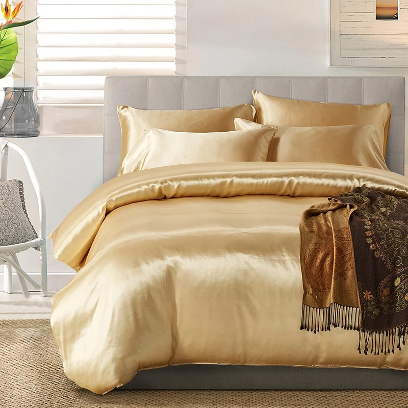 AiMay 3 Piece Duvet Cover Set Super Soft Satin Silk Honeymoon Sexy Luxury 100% Microfiber Thin Light Weight Bedding Collection (King, Gold)
