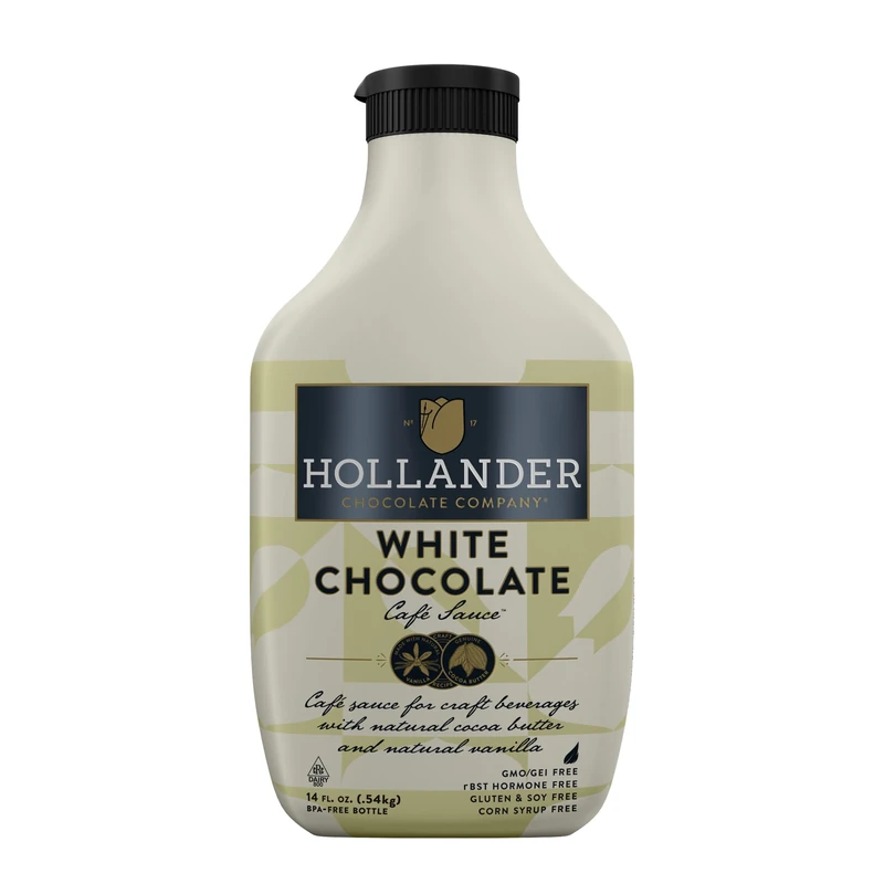 White Chocolate Café Sauce by Hollander Chocolate Co. | Gourmet White Chocolate Sauce with Real Cocoa Butter for Professional or Home Baristas 14 fl. Oz. Squeeze Bottle with Flip Cap