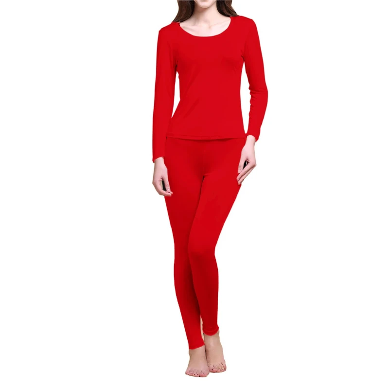 Pure Silk Knit Women Underwear Long Johns Top and Bottom Set[US14,Red]