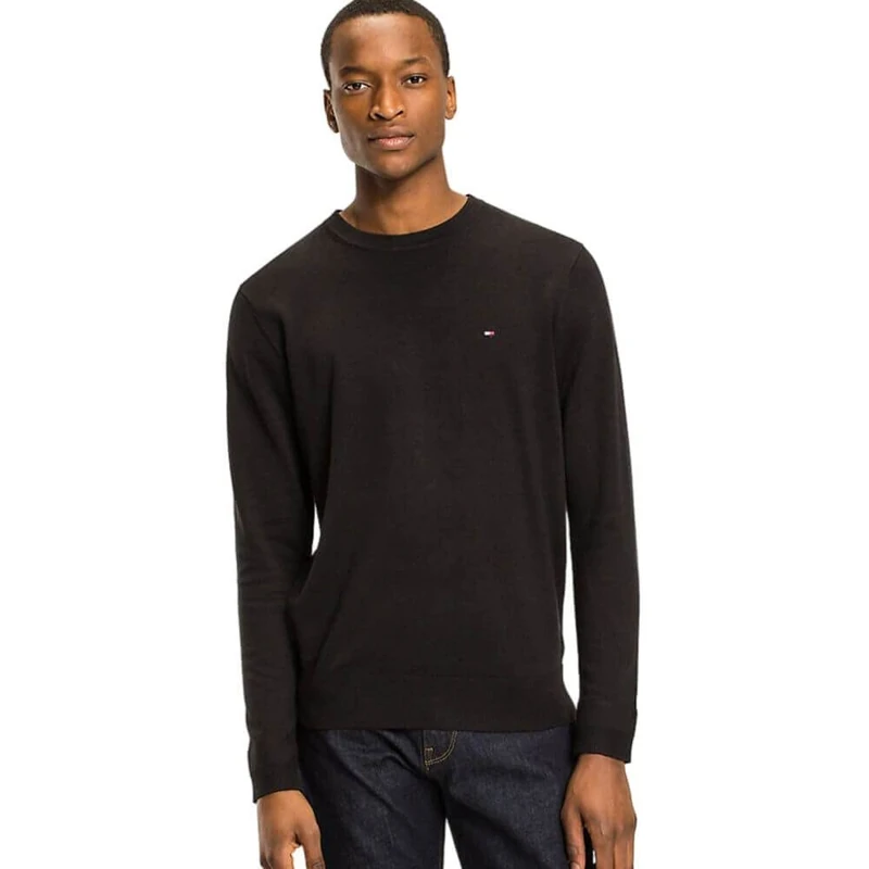Tommy Hilfiger - Jumper Men - Mens Designer Jumper - Black Jumper Mens - Men Sweater - Men's Core Cotton-Silk Crew Neck Jumper - Flag Black - Size M