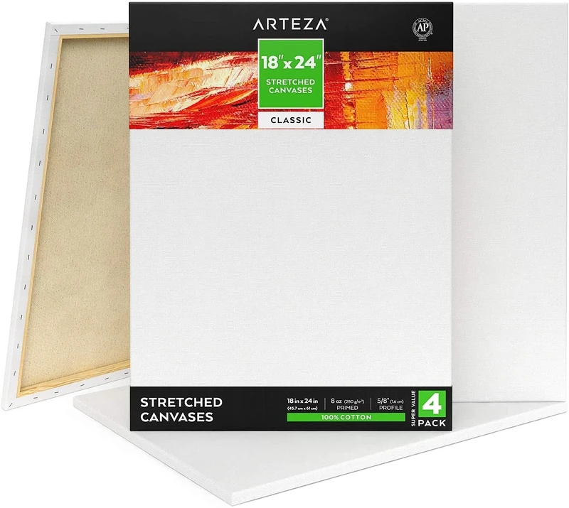 Arteza Stretched Art Canvas, Pack of 4, 45.7 x 61 cm, 8 oz Gesso Primed, 100% Cotton White Blank Canvases for Acrylic Painting and Pouring