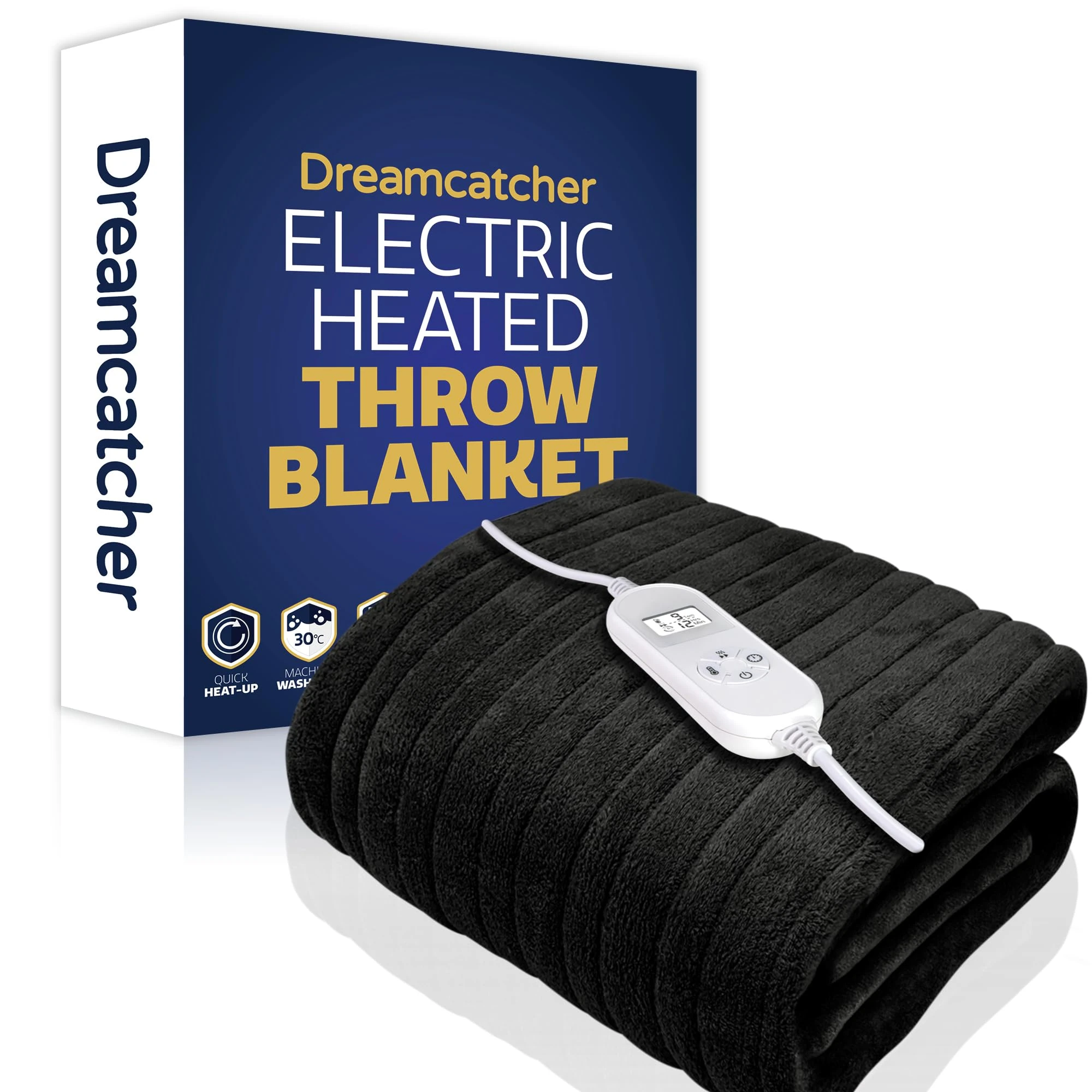 Dreamcatcher Black Heated Throw Electric Blanket, 160 x 120cm Heated Blanket Machine Washable Soft Fleece Electric Throw Overblanket with 12HR Timer and 9x Control Heat Settings