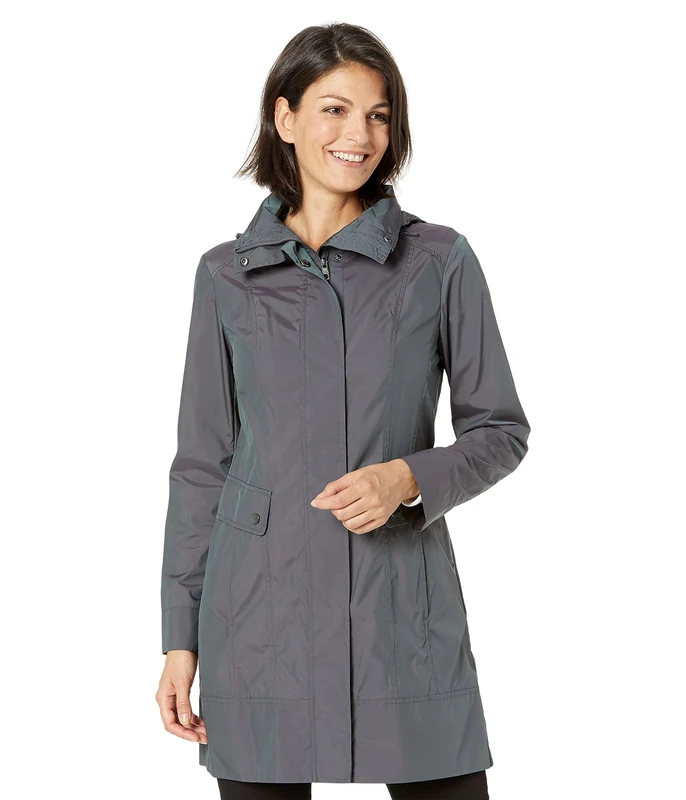 Cole Haan Women's Hooded Packable Rain Jacket with Cinchable Waist, Gunmetal, S