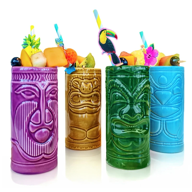 mikamax Tiki Mugs - Tiki cups - Set of 4 - ceramic - cocktail cups - cocktail glasses - Tiki Bar accessories - party decoration - 14cm x 6,5 Ø - Tiki Cocktail Party - Image 1