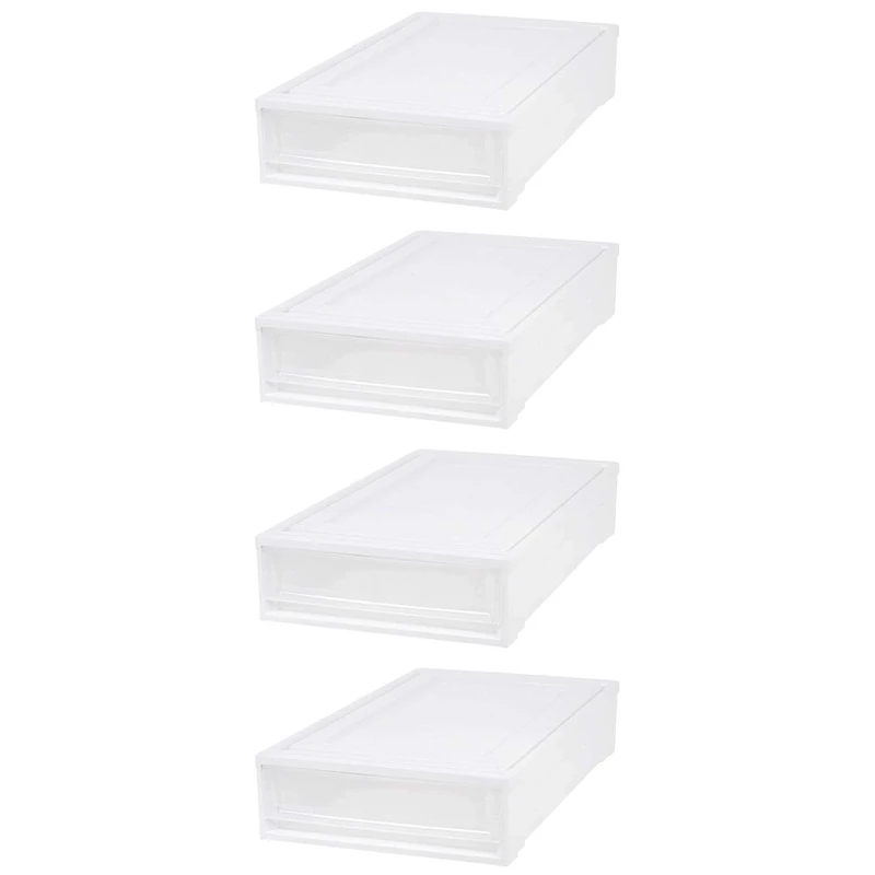 IRIS USA 27.5 Qt Plastic Under Bed Storage Stackable Organizer Bin Container with Sliding Organizer Drawers, 4-Pack, Multi-Purpose for Clothes Shoes Clothing Bedding, White