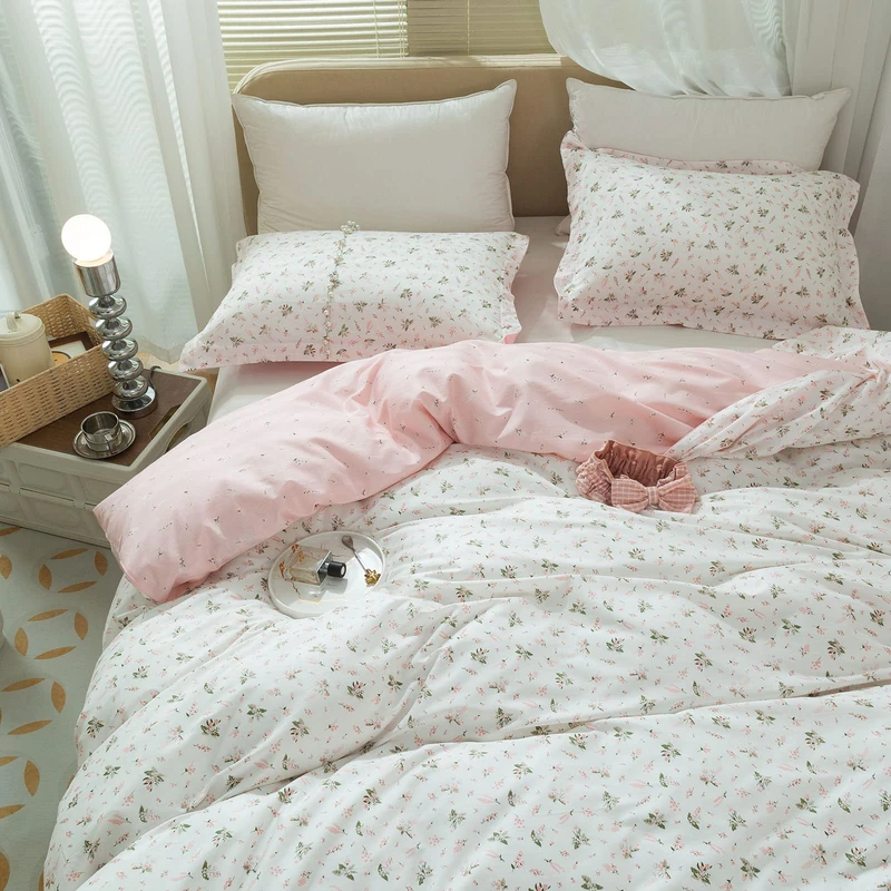 LifeTB Garden Style Duvet Cover King - Floral Print Bedding Set, Pink White Cotton Comforter Cover, Chic Flower Pattern for Girls Women, Fresh Quilt Cover with Zipper Closure and 4 Ties