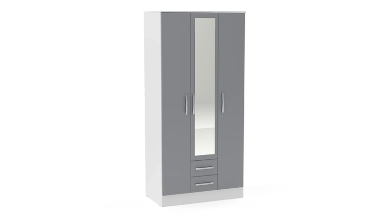 Birlea Lynx 3 Door 2 Drawer Wardrobe with Mirror - High Gloss, White and Grey
