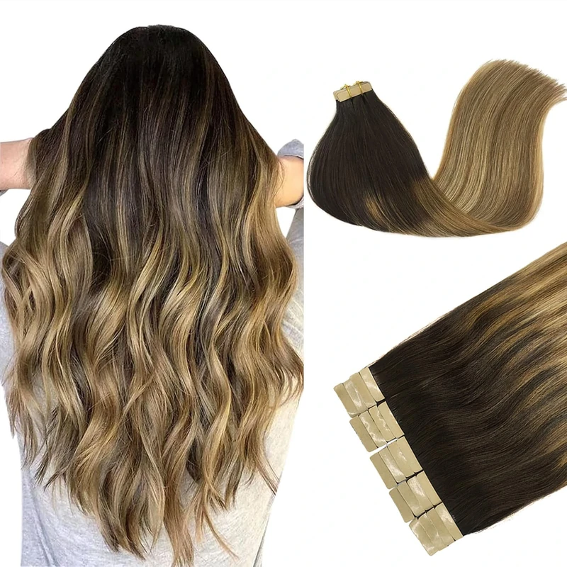 DOORES Tape in Hair Extensions Human Hair Balayage Dark Brown to Chestnut Brown and Dirty Blonde 18 Inch 50g 20pcs Real Natural Tape in Remy Skin Weft