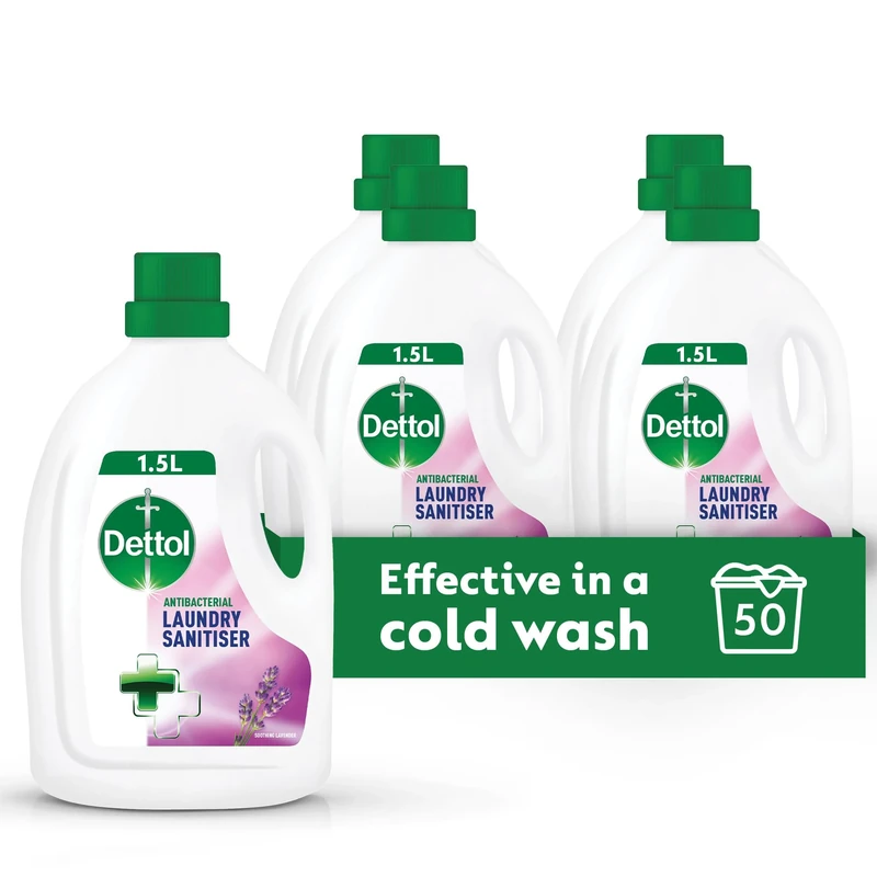 Dettol Laundry Sanitiser, Antibacterial, Lavender Scented, 6L Total (1.5L x 4pck) 12hr Freshness, Removes Odour, Prevents colour fading, Kills 99.9 Percent of Bacteria