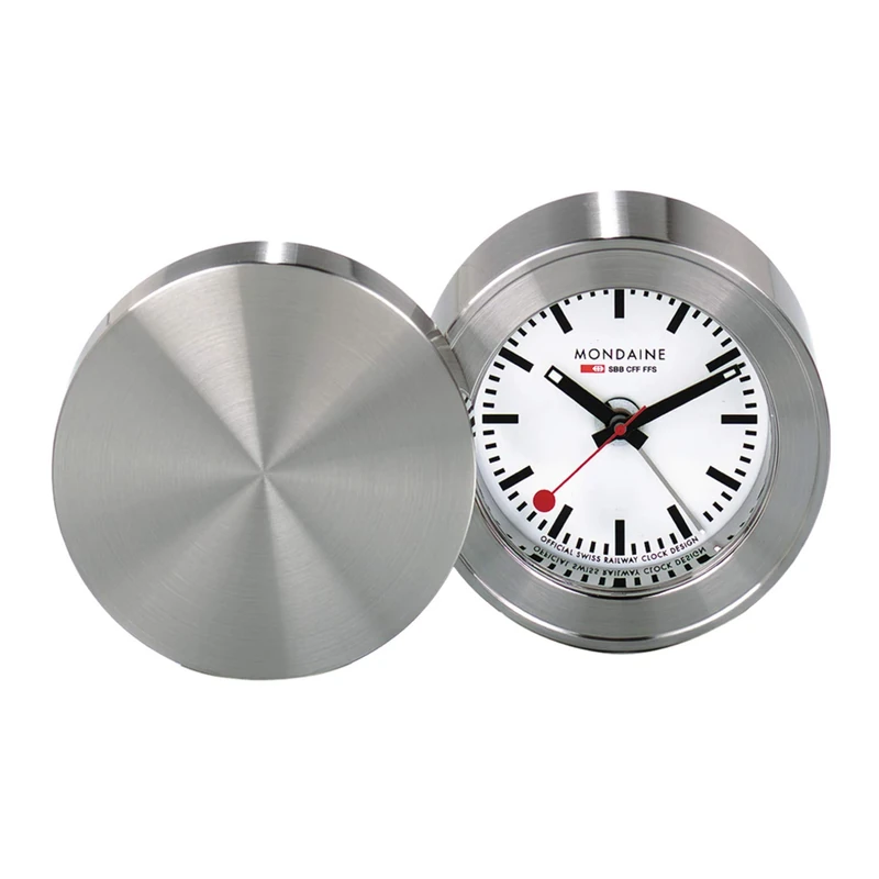 Mondaine - Alarm Clock MSM.64410 - Table Clock 50mm - Official Swiss Railways Clock Brushed Metal Casing Hands Visible in The Dark Red Second Hand