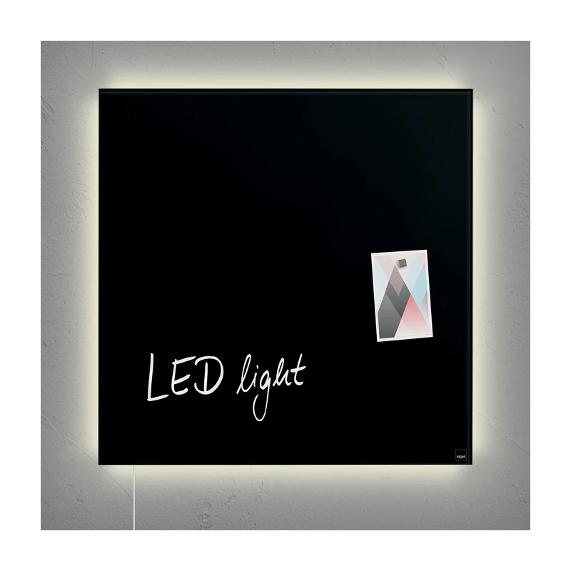 SIGEL GL450 Premium Glass magnetic Board, glossy surface, 48 x 48 cm, with LED lighting, easy mounting, Black - Artverum
