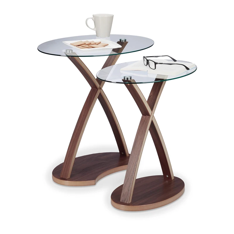 Relaxdays Oval Side Table Set of 2, Glass Table with Wooden Legs, Small End Tables, Modern Design, 2 Sizes, Natural