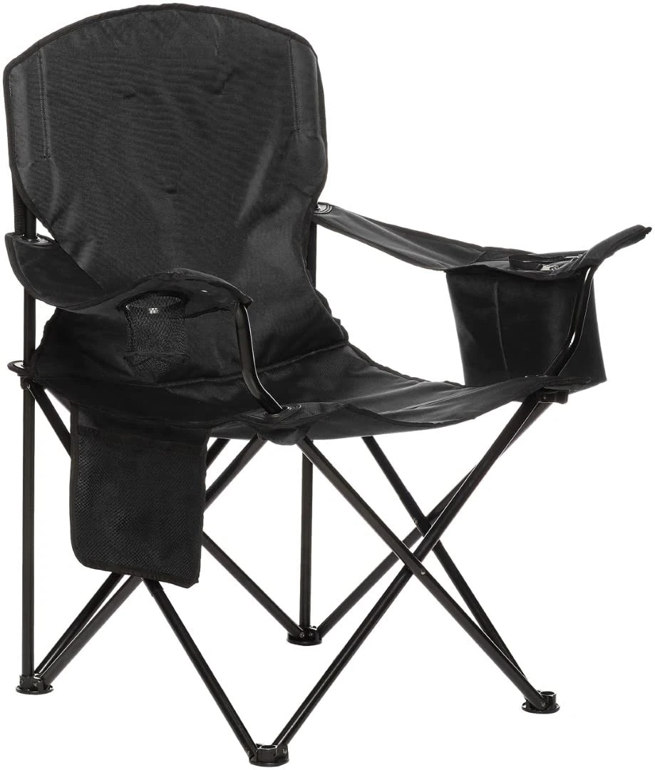 Amazon Basics Comfortable, Heavy Duty, Portable Camping Chair with 4-Can Cooler, Side Pocket, Cup Holder, and Carry Bag, Collapsible for Camping, Fishing, Beach, and Backpacking, XL, Padded, Black