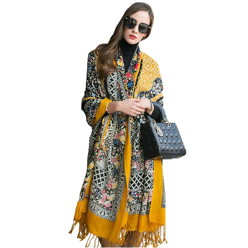 DANA XU 100% Pure Merino Wool Extra Large Pashmina Cashmere Scarf Shawl And Wrap For Women Winter Oversized Floral Blanket, 28 Yellow, Large