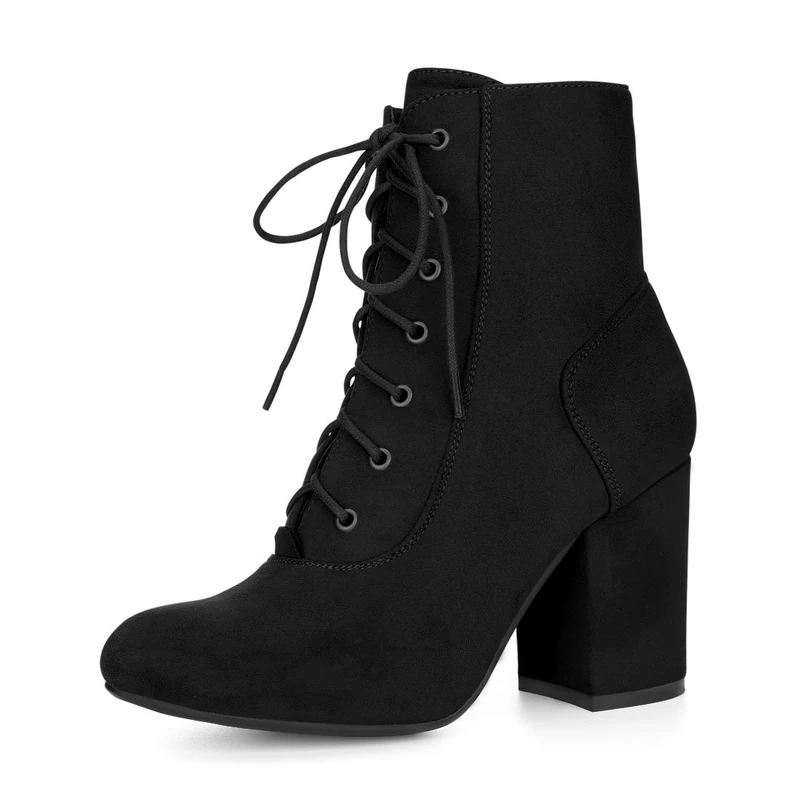 Allegra K Women Round Toe Chunky Heel Lace Up Booties Black 7 UK/Label Size 9 US