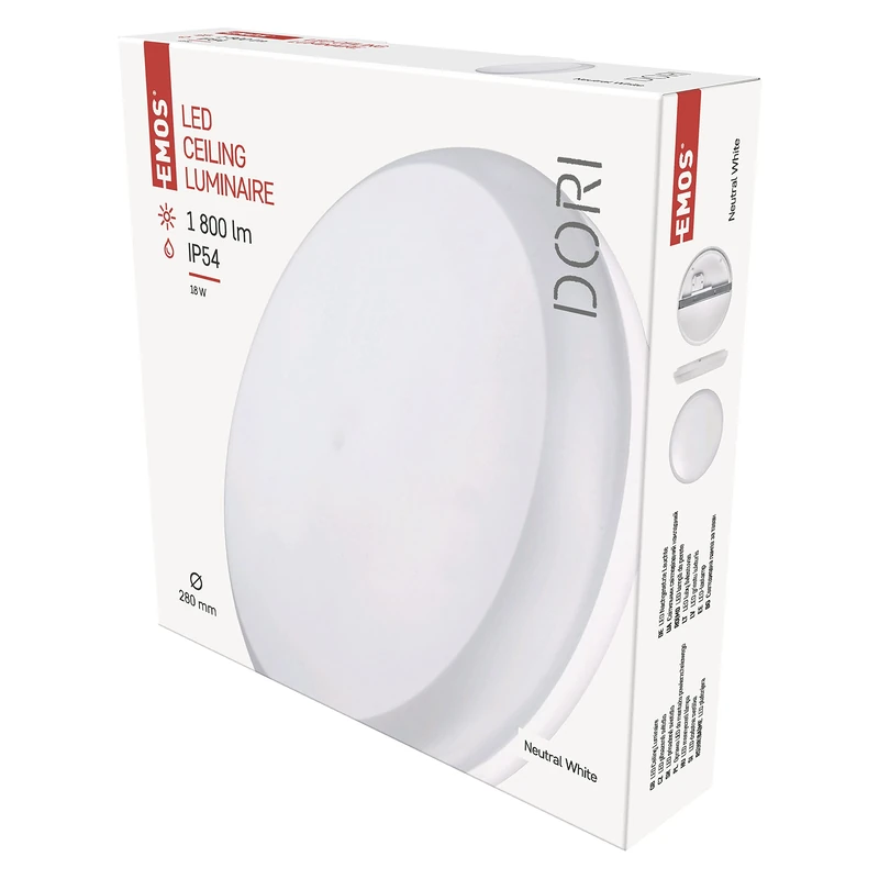 EMOS Dori LED Wall and Ceiling Light, White, IP54 Surface-Mounted Light in Circular Shape, 18 W Replacement for 100 W, Brightness 1800 lm, Neutral White 4000 K, 25000 Pieces Service Life, CRI Min. 80,