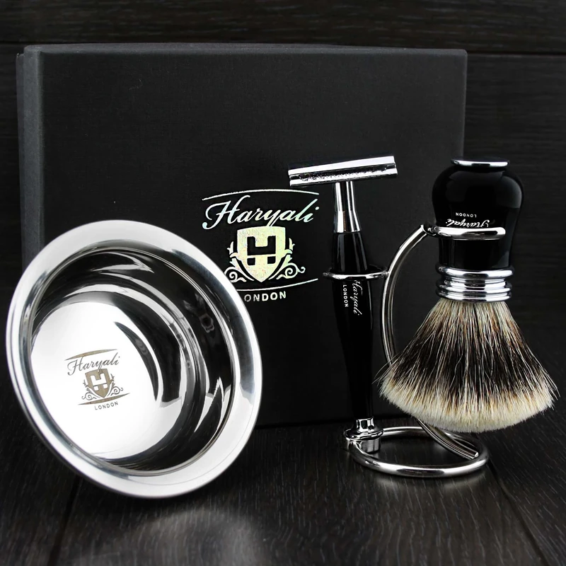 Ready to Use 4 Pcs Men's Shaving Set with Double Edge Safety Razor, Sliver Tip Badger Hair Brush, Stand and Steel Soap Bowl