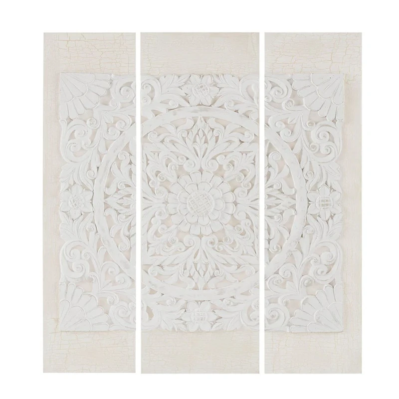Madison Park Wall Art Living Room Decor - White Mandala Damask 3D Embelished Canvas, Home Accent Dining, Bathroom Decoration, Ready to Hang Painting for Bedroom, Multi-sizes, Off White 3 Piece