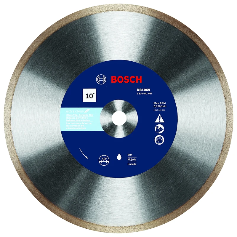 BOSCH DB1069 10 In. Rapido Premium Continuous Rim Diamond Blade with 5/8 In. Arbor for Wet Cutting Applications in Glass Tile, Ceramic Tile