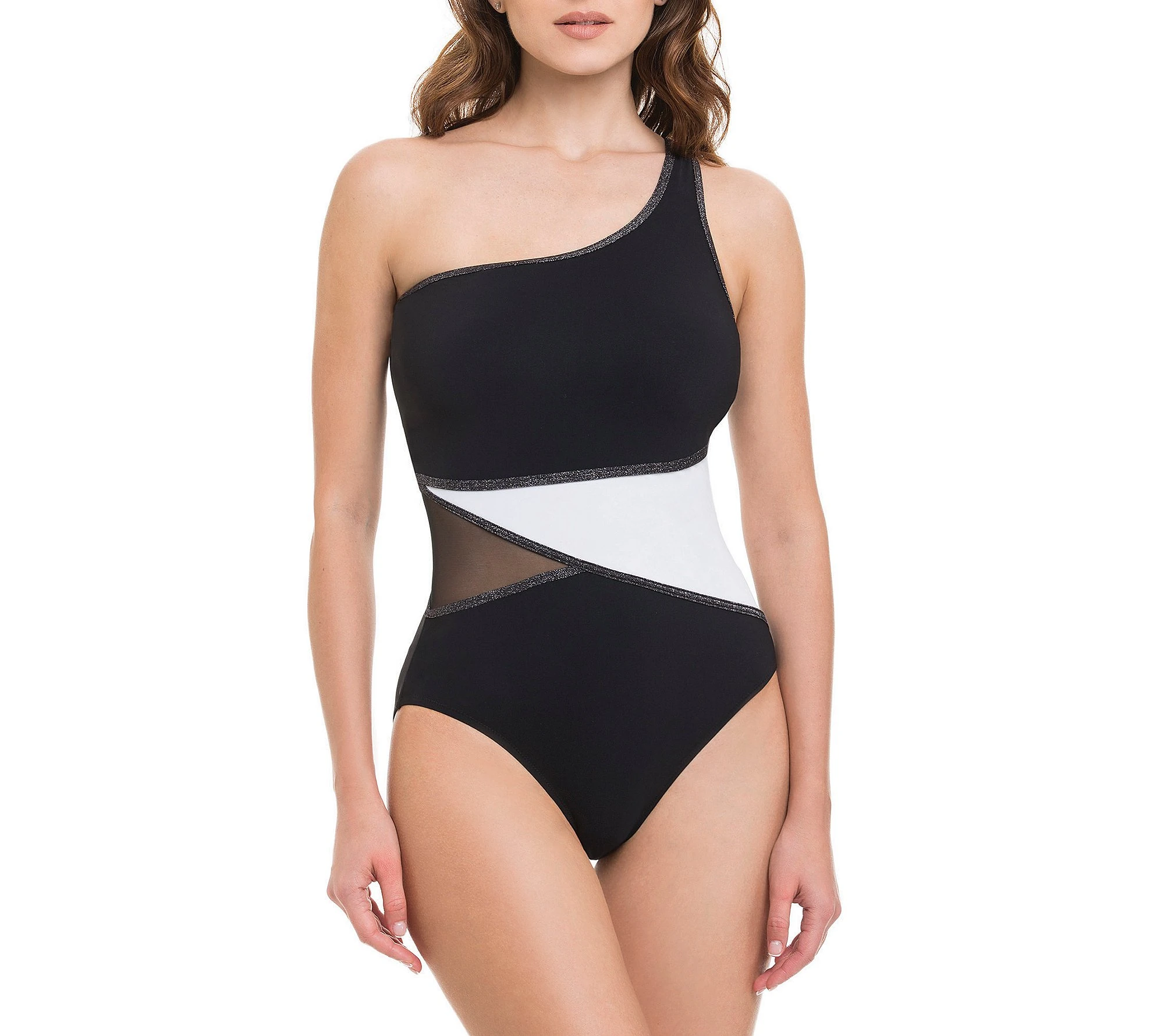 Profile by Gottex Women's Colorblock Glitter Trim Shoulder One Piece Swimsuit, Stargazer Black/White, 14