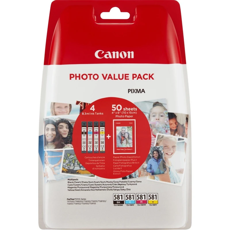 Canon CLI-581 XL C M Y BK Pack of 4 cartridges Yield XL (Black XL Cyan XL Magenta XL Yellow XL) Genuine (Plastic Pack) - Image 1
