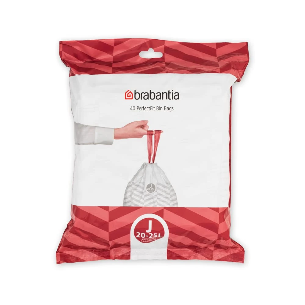 Brabantia PerfectFit Bin Liners Size J (23 Litre), White,115608 Thick Plastic Trash Bags with Tie Tape Drawstring Handles (40 Bag)