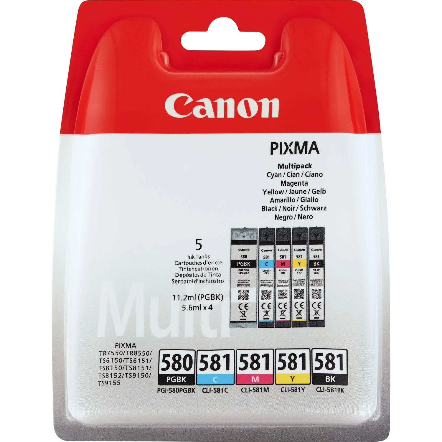 Canon PGI-580 CLI-581 BK C M Y PGBK Pack of 5 cartridges (Black Cyan Magenta Yellow Office Black Colour) Genuine Canon (Plastic Pack)