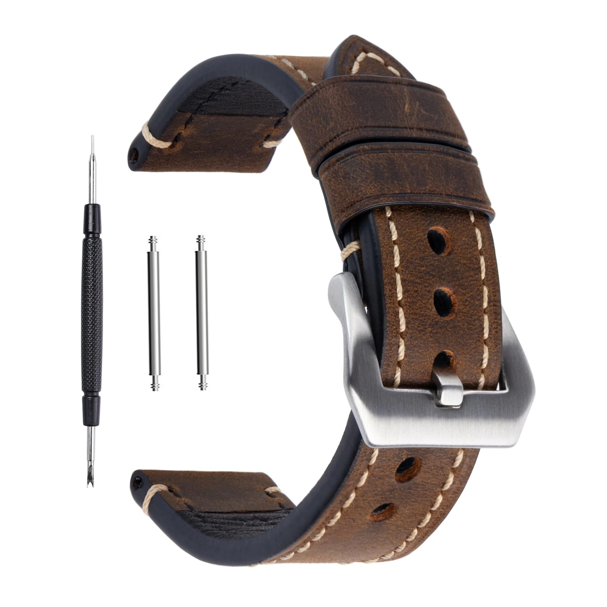 Berfine Dark Brown 20mm Genuine Leather Wristwatch Watch Band Oil Tan Vintage Strap for Men with Stainless Buckle