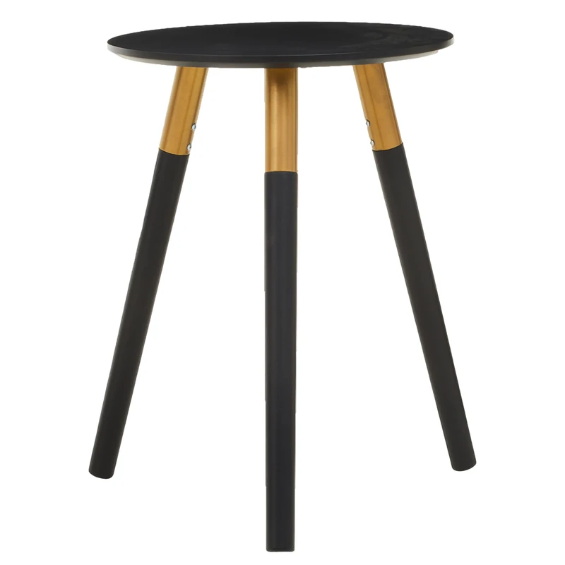 Premier Housewares Black Small Round Side Table with 3 Legs | Small Coffee Table with Gold Trims | Sturdy Living Room End Table | Round Bedside Table for Home, Office