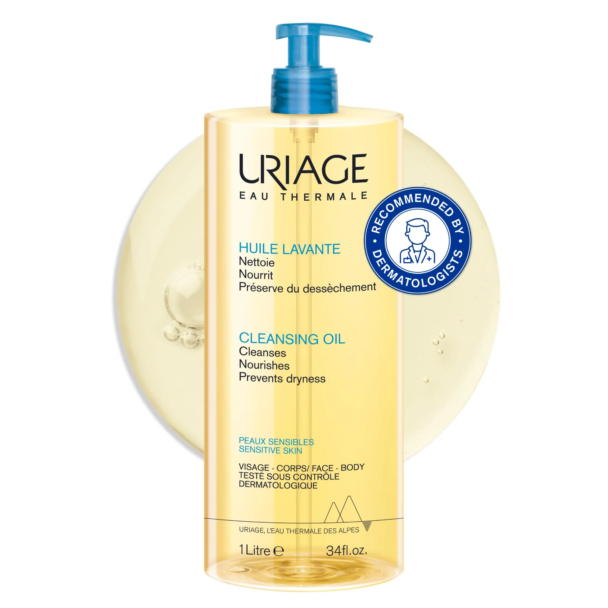 Uriage Cleansing Oil 1L - Body & Face - Sensitive Skin - Cleanses, Nourishes, Prevents Dryness - With Gentle Superfatting Agents Leaving a Soft, Protective Film On the Skin