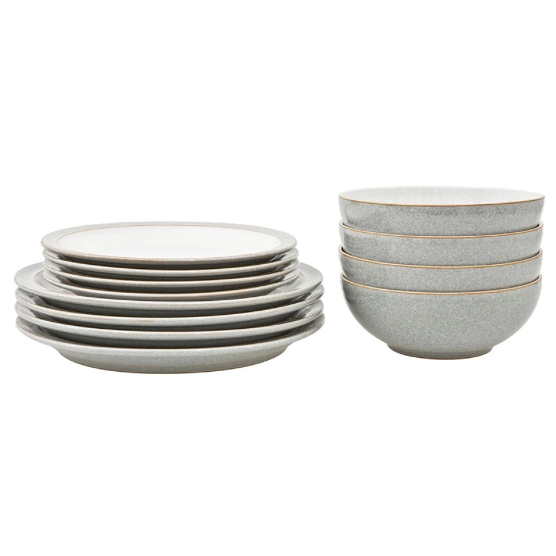 Denby - Elements Light Grey Dinner Set For 4 - 12 Piece Ceramic Tableware Set - Dishwasher Microwave Safe Crockery Set - 4 x Dinner Plates, 4 x Medium Plates, 4 x Cereal Bowls