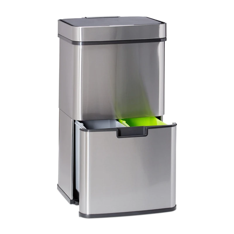 Relaxdays Waste Separation System with 3 Compartments, with Sensor, 60 L, 3 Bins, Pullout, Stainless Steel, HxWxD: 74.5 x 42 x 31.5 cm, Silver, Steel, 31.5 x 42 x 74.5 cm