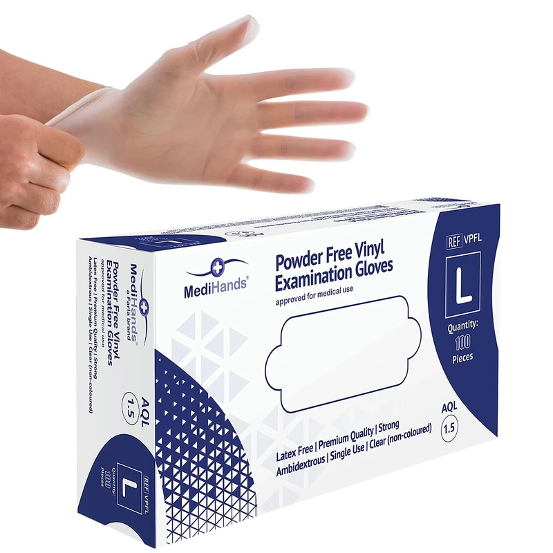MediHands Vinyl Clear Large Gloves, Disposable Surgical Gloves, Box of 100, Powder Free, Latex Free, Protein Free, Medical, Food, Multi-Use
