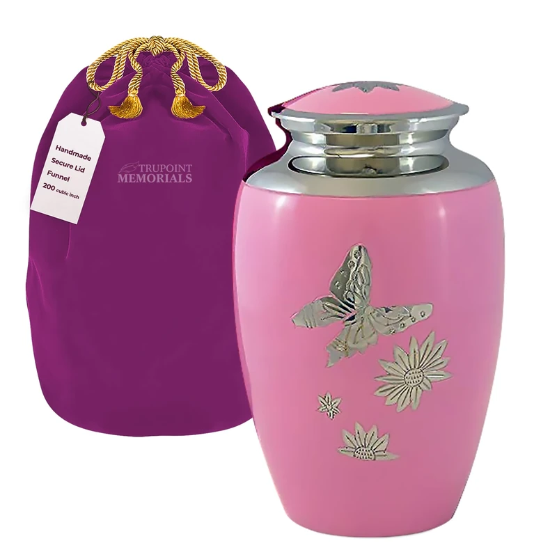 Pink Butterfly Lovely Adult Cremation Urn For Human Ashes - This Large Pink Urn Is Adorned With Butterfly's - It's Simple Design Brings Comfort While Protecting Your Loved Ones Remains- w Velvet Bag